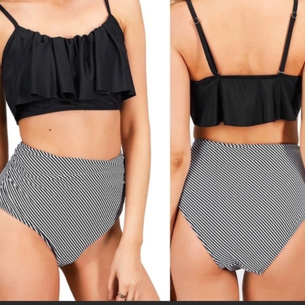 Cupshe striped black white high waist swim bottom small NWT